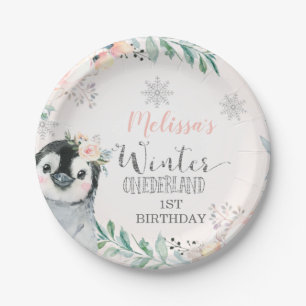 Plato De Papel Penguin Pink Silver Invierno Onederland Cumpleaño