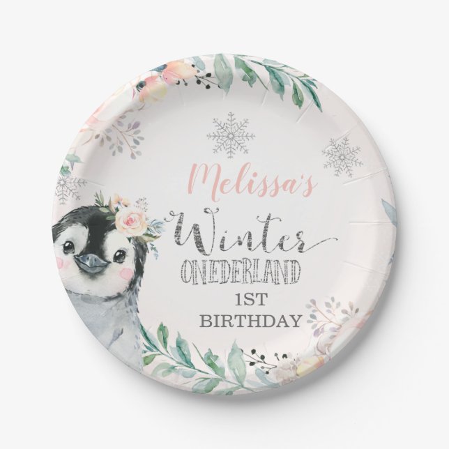 Plato De Papel Penguin Pink Silver Invierno Onederland Cumpleaños (Anverso)