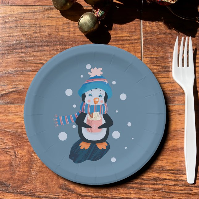 Plato De Papel Penguin with Hot Cocoa Blue Holiday Paper Plate (Penguin with hot cocoa mug blue Holiday paper plate .)