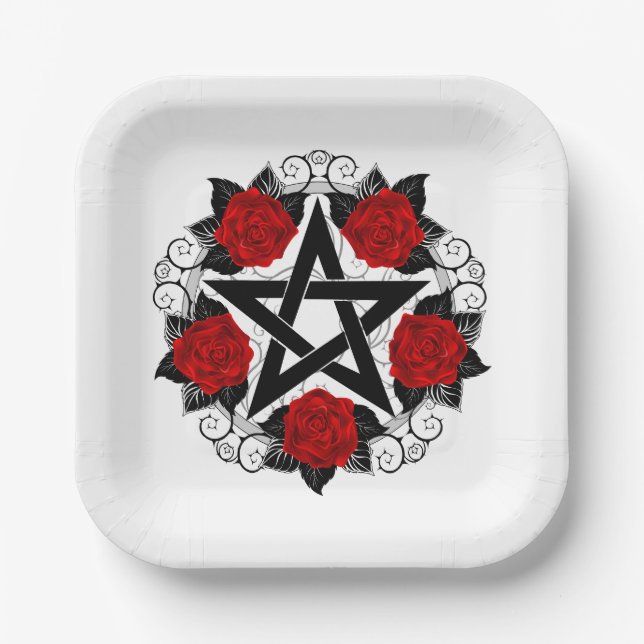 Plato De Papel Pentagram con rosas rojas (Anverso)
