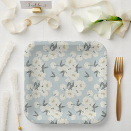 Plato De Papel Peonía Dibujada en Crema sobre Azul Claro