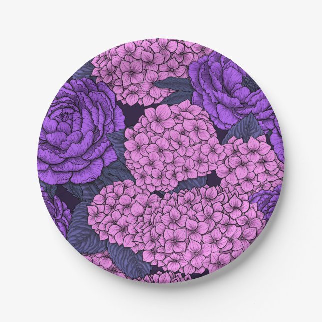 Plato De Papel Peonía e hidrangea en rosa y violeta (Anverso)