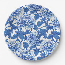 Peonía floral azul y blanca chinoiserie