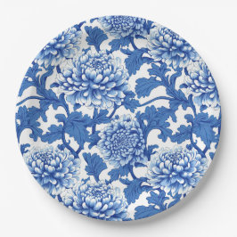 Plato De Papel Peonía floral azul y blanca chinoiserie