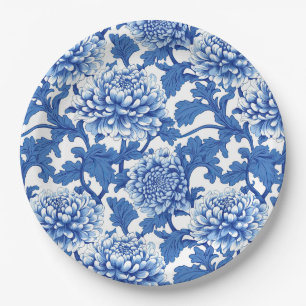 Plato De Papel Peonía floral chinoiserie azul y blanco