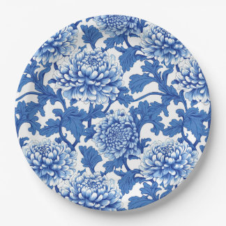 Plato De Papel Peonía floral chinoiserie azul y blanco
