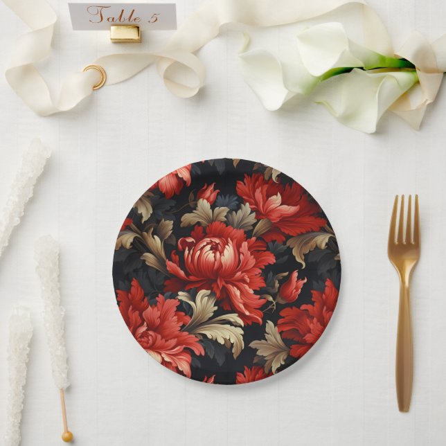 Plato De Papel Peonía floral roja (Boda)