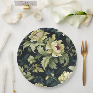 Plato De Papel Peonía floral verde moderna