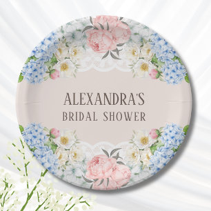 Plato De Papel Peonia rosa Azul romántico Hydrangea Ducha de novi