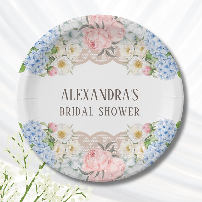 Plato De Papel Peonia rosa Azul romántico Hydrangea Ducha de novi (Subido por el creador)