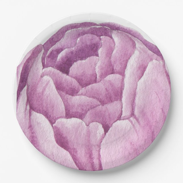 Plato De Papel Peonía Rosa Ilustrada a Mano (Anverso)