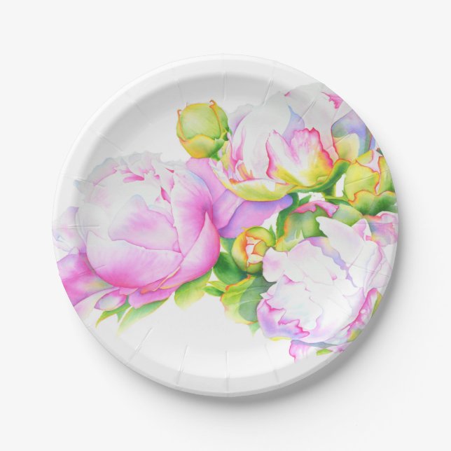 Plato De Papel Peonias, pintura floral rosa, blanca, acuarela (Anverso)