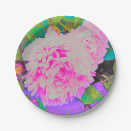 Plato De Papel Peonías rosa eléctricas en el colorido jardín