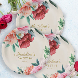Plato De Papel Peonías rosadas Burgundy floral hojas Dulces 16 