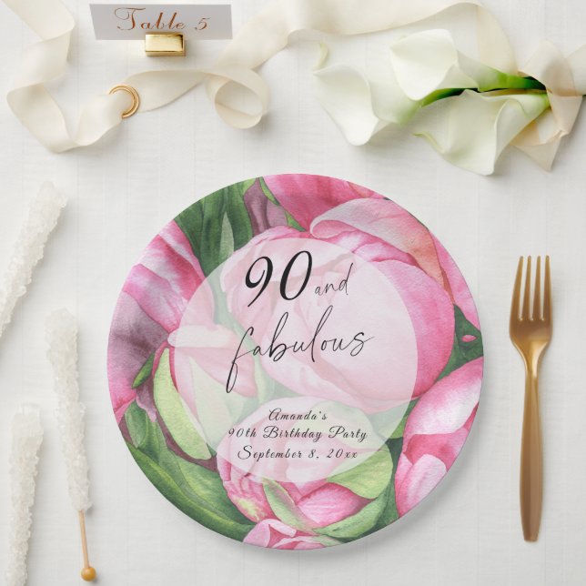 Plato De Papel Peonías rosas Fiesta de cumpleaños 90 (Boda)