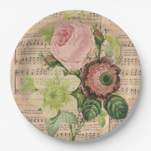 Plato De Papel Peonías Vintage y Partitura