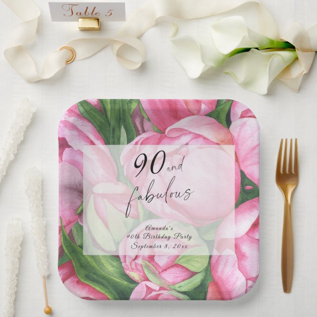 Plato De Papel Peonies flowers 90th Birthday Party  (Boda)