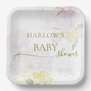 Plato De Papel Peonies Hydrangea Pastel Watercolor Baby Shower