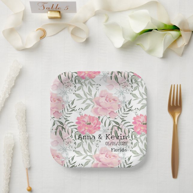 Plato De Papel Peonies rosados florales planchas de papel (Boda)
