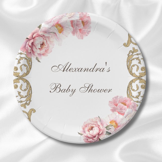 Plato De Papel Peony Rococo Floral Baby Shower (Subido por el creador)