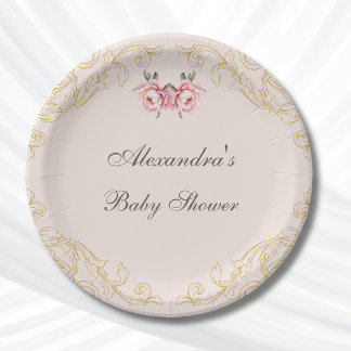 Plato De Papel Peony Rococo Flowers de color Rosa Vintage Baby Sh