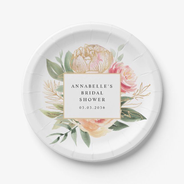 Plato De Papel Peony y Gold Flowers Bridal Shower  (Anverso)