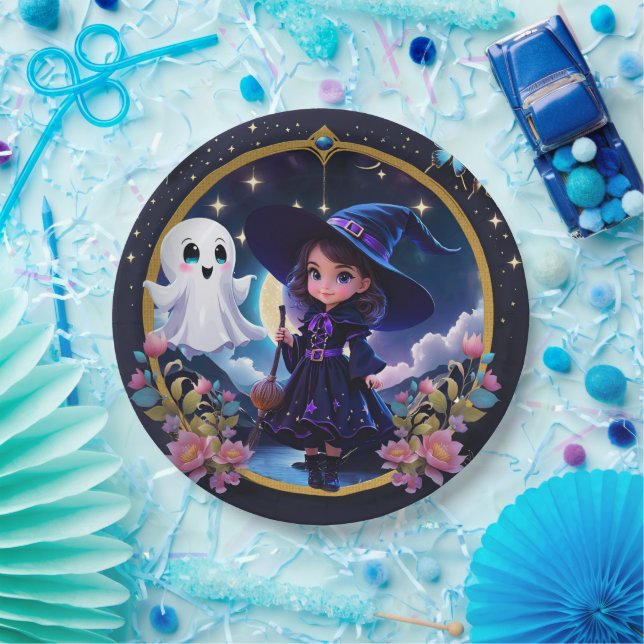 Plato De Papel Pequeña bruja con ojos grandes y brillantes. (Fiesta)