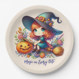 Plato De Papel pequeña bruja linda vestida de azul, Halloween
