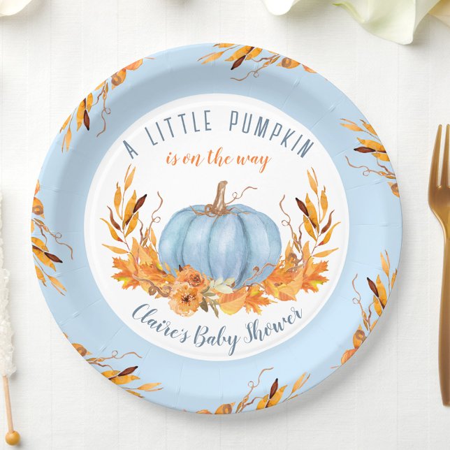 Plato De Papel Pequeña Calabaza Azul Caída Otoño Niño de Otoño Ba (Little Pumpkin Blue Baby Shower Paper Plates)