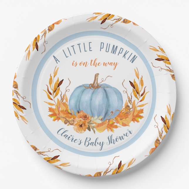 Plato De Papel Pequeña Calabaza Azul Casta Niño Baby Shower (Anverso)
