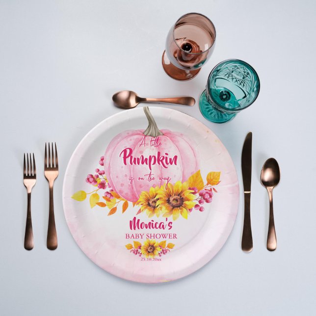 Plato De Papel Pequeña calabaza chica rosa ducha de bebé (Little pumpkin baby shower personalized plates pink pumpkin sunflowers girls baby shower tableware)
