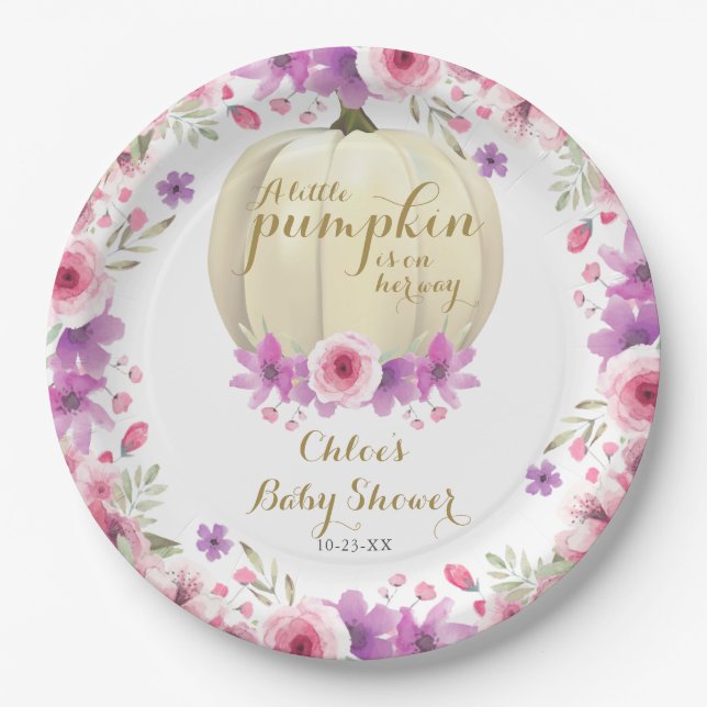 Plato De Papel Pequeña calabaza floral de Baby Shower (Anverso)