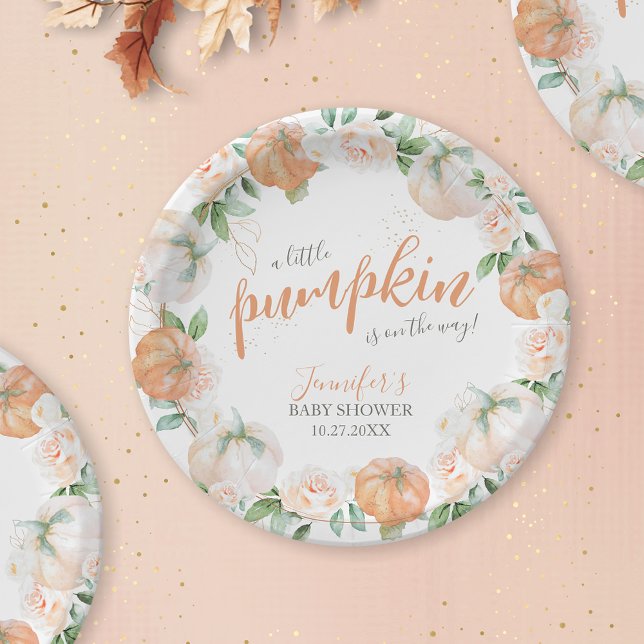 Plato De Papel Pequeña calabaza otoño acuarela Gold Baby Shower (Subido por el creador)