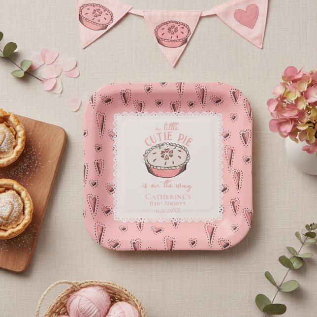 Plato De Papel Pequeña Cutie Rosa Pie Otoño Bebé Chica Ducha (Cute Thanksgiving Baby shower  A Little Cutie Pie Pink Square Paper Plates with Autumn Pie & Hearts)