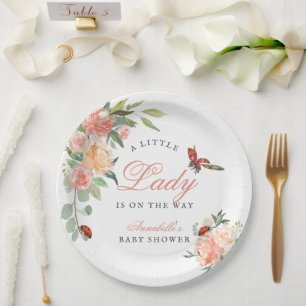 Plato De Papel Pequeña Dama Mariquita Rosas Niña Shower de Bebé