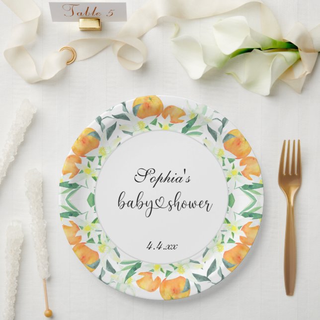 Plato De Papel Pequeña ducha de bebé naranja (Boda)