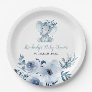Plato De Papel Pequeña ducha floral azul elefante