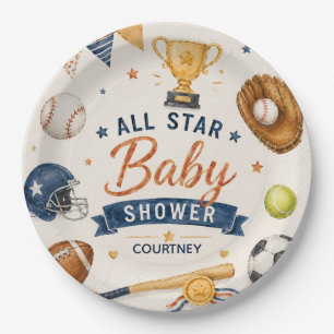 Plato De Papel Pequeña Estrella Baby Shower Deportes Fútbol Béisb