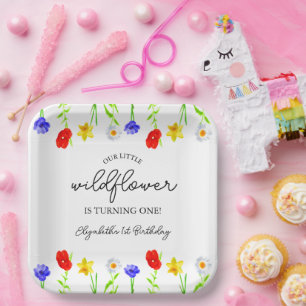 Plato De Papel Pequeña flor silvestre, primer cumpleaños