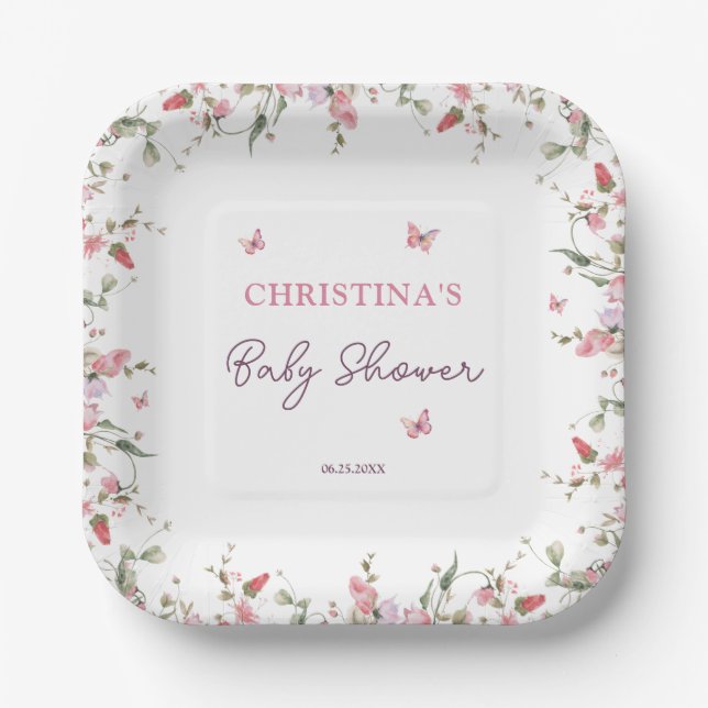 Plato De Papel Pequeña mariposa acuática Baby Shower (Anverso)