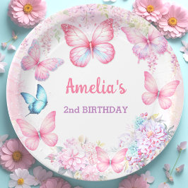 Plato De Papel Pequeña mariposa rosa morado verano Chica cumpleañ