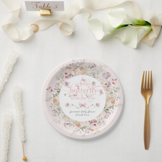 Plato De Papel Pequeña mariposa Rubor Chica floral rosa Baby Show (Boda)
