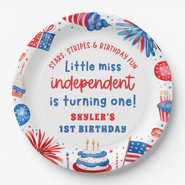 Plato De Papel Pequeña Miss Independiente 4 de Julio (Anverso)