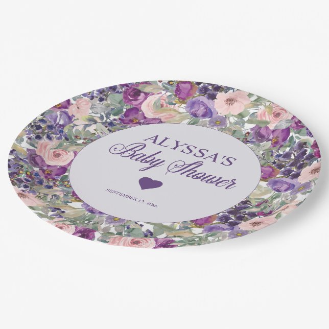 Plato De Papel Pequeña niña morada rosa Floral Baby Shower (Angular)
