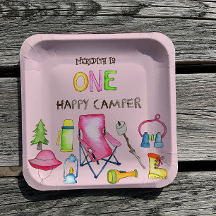 Plato De Papel Pequeña Niña Un Feliz Camper Primera Fiesta de Cum