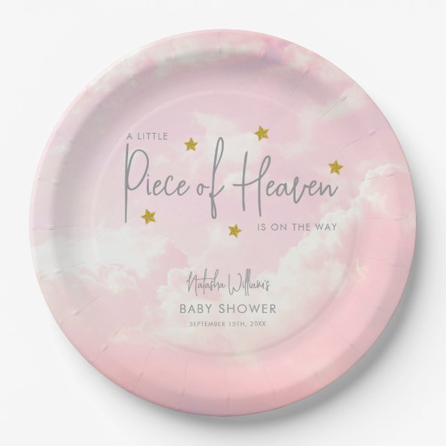 Plato De Papel Pequeña pieza del cielo rosado Baby Shower (Anverso)