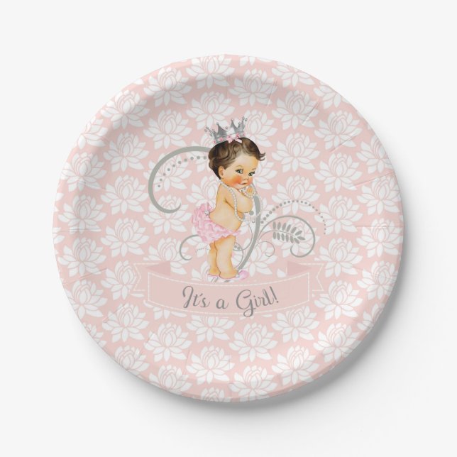 Plato De Papel Pequeña princesa bebé niña rosa y plata (Anverso)