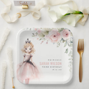 Plato De Papel Pequeña Princesa Rosa Cuta Rosa Cumpleaños Floral