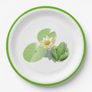 Plato De Papel Pequeña rana verde sentada en una almohadilla de L