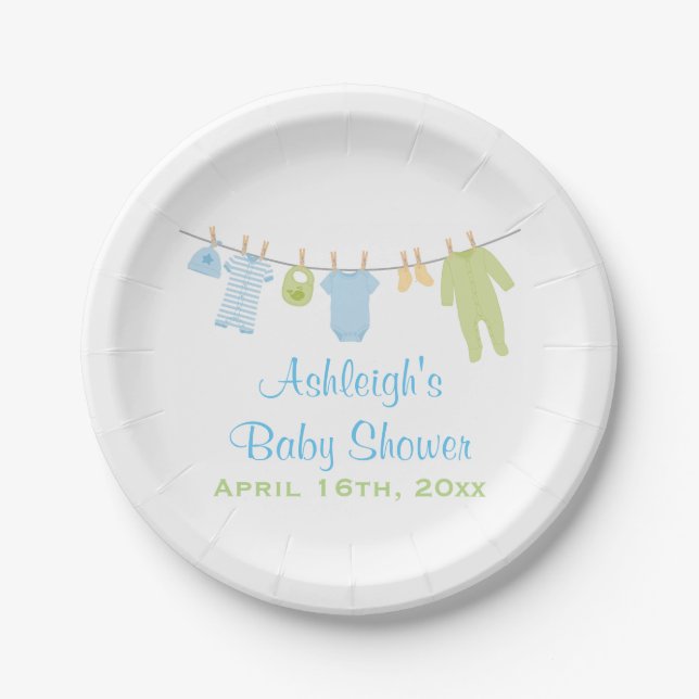 Plato De Papel Pequeña ropa azul y verde Baby Shower (Anverso)